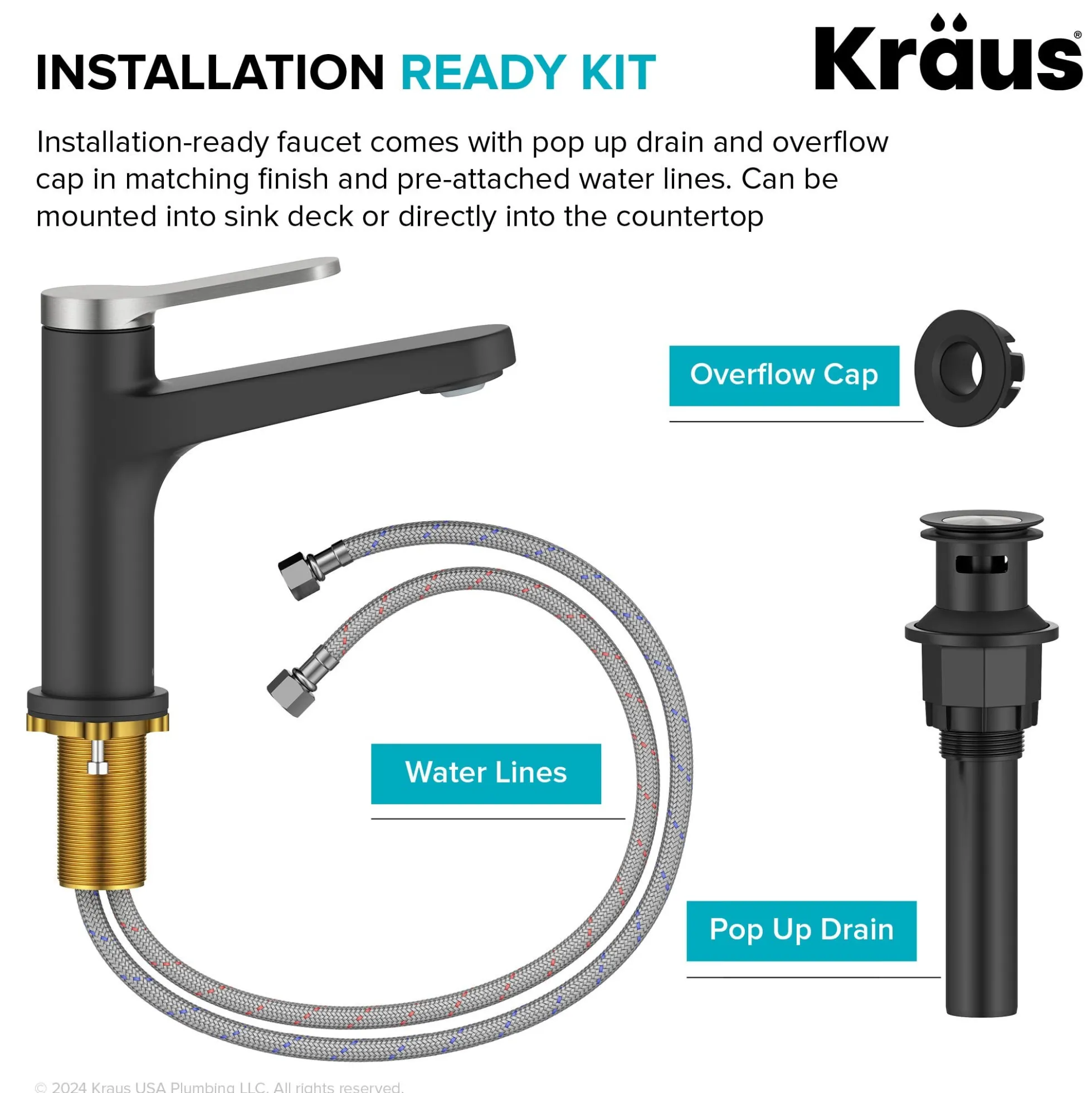 Single Handle Bathroom Faucet in Spot-Free Brushed Nickel / Matte Black with Pop Up Drain and Supply Lines