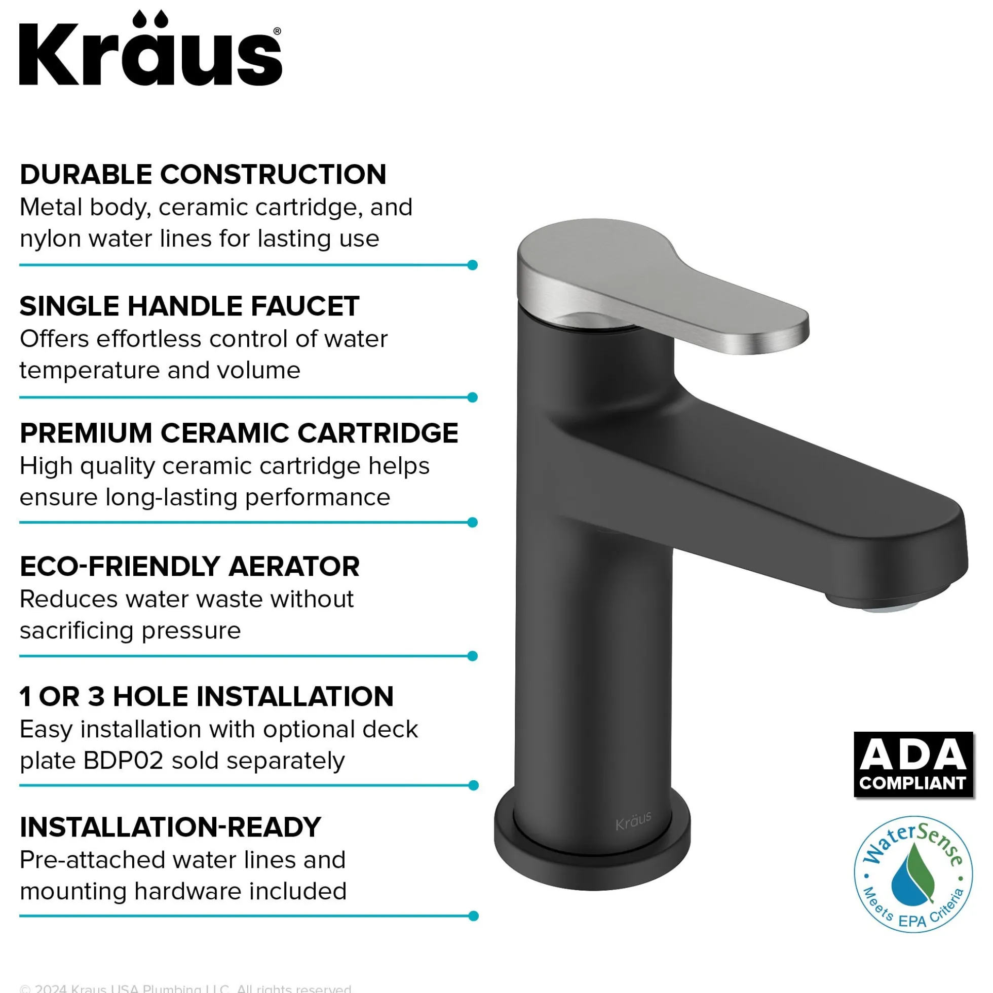 Single Handle Bathroom Faucet in Spot-Free Brushed Nickel / Matte Black with Pop Up Drain and Supply Lines