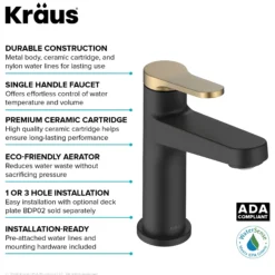 Single Handle Bathroom Faucet in Spot-Free Brushed Brass / Matte Black with Pop Up Drain and Supply Lines
