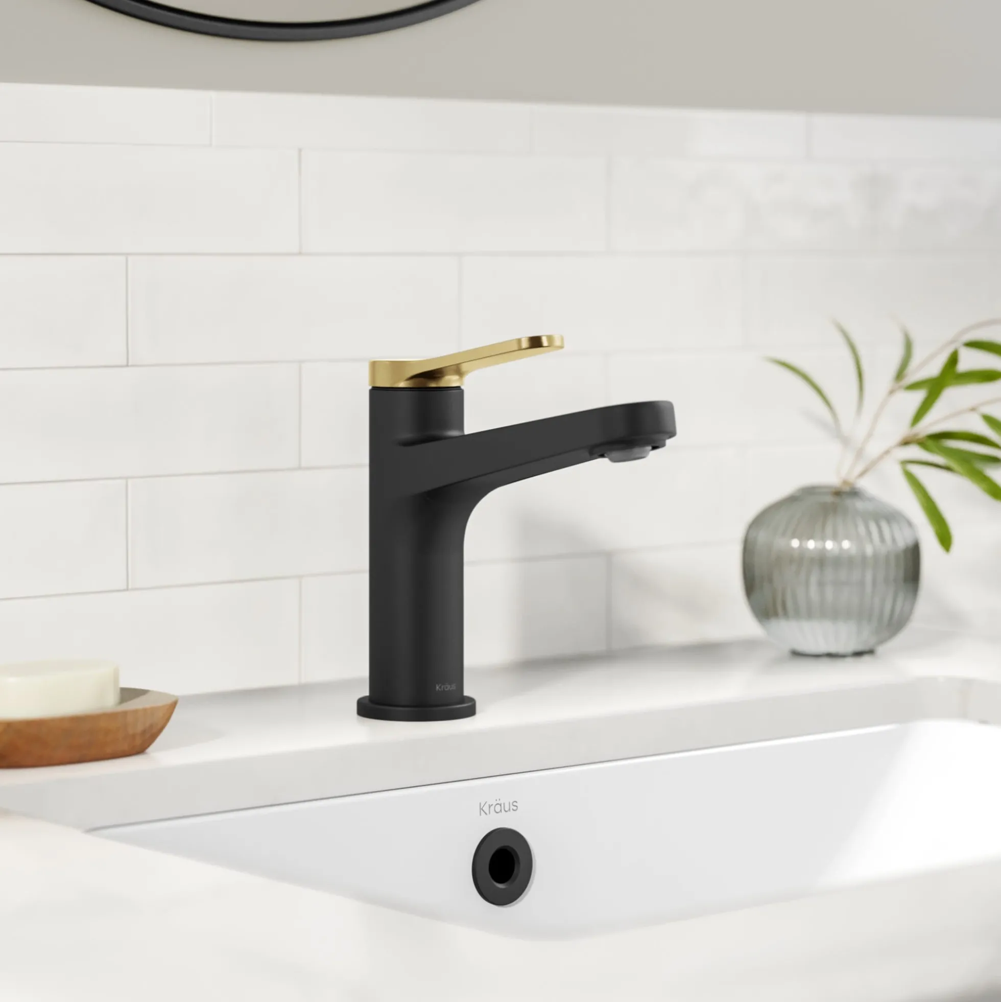 Single Handle Bathroom Faucet in Spot-Free Brushed Brass / Matte Black with Pop Up Drain and Supply Lines