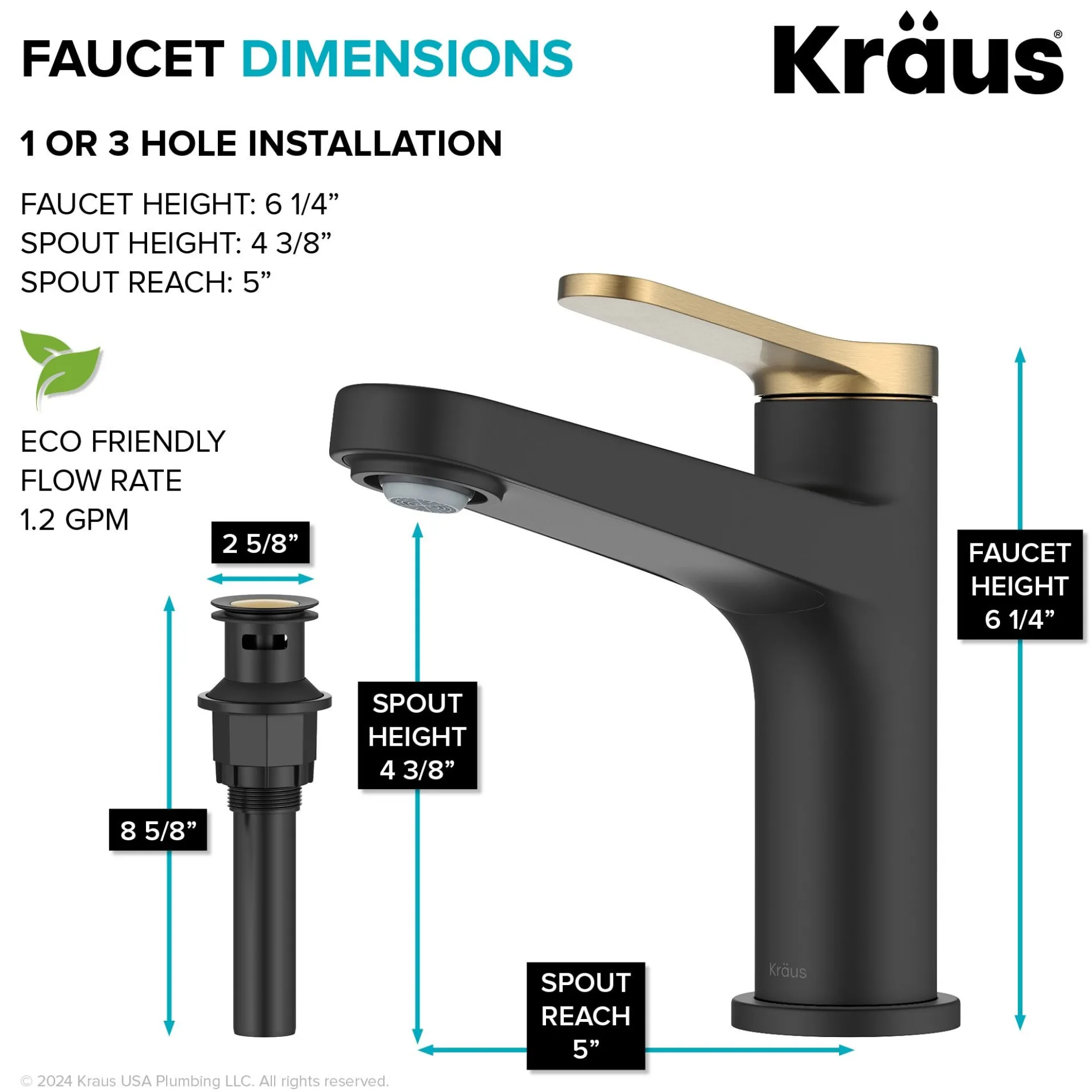 Single Handle Bathroom Faucet in Spot-Free Brushed Brass / Matte Black with Pop Up Drain and Supply Lines