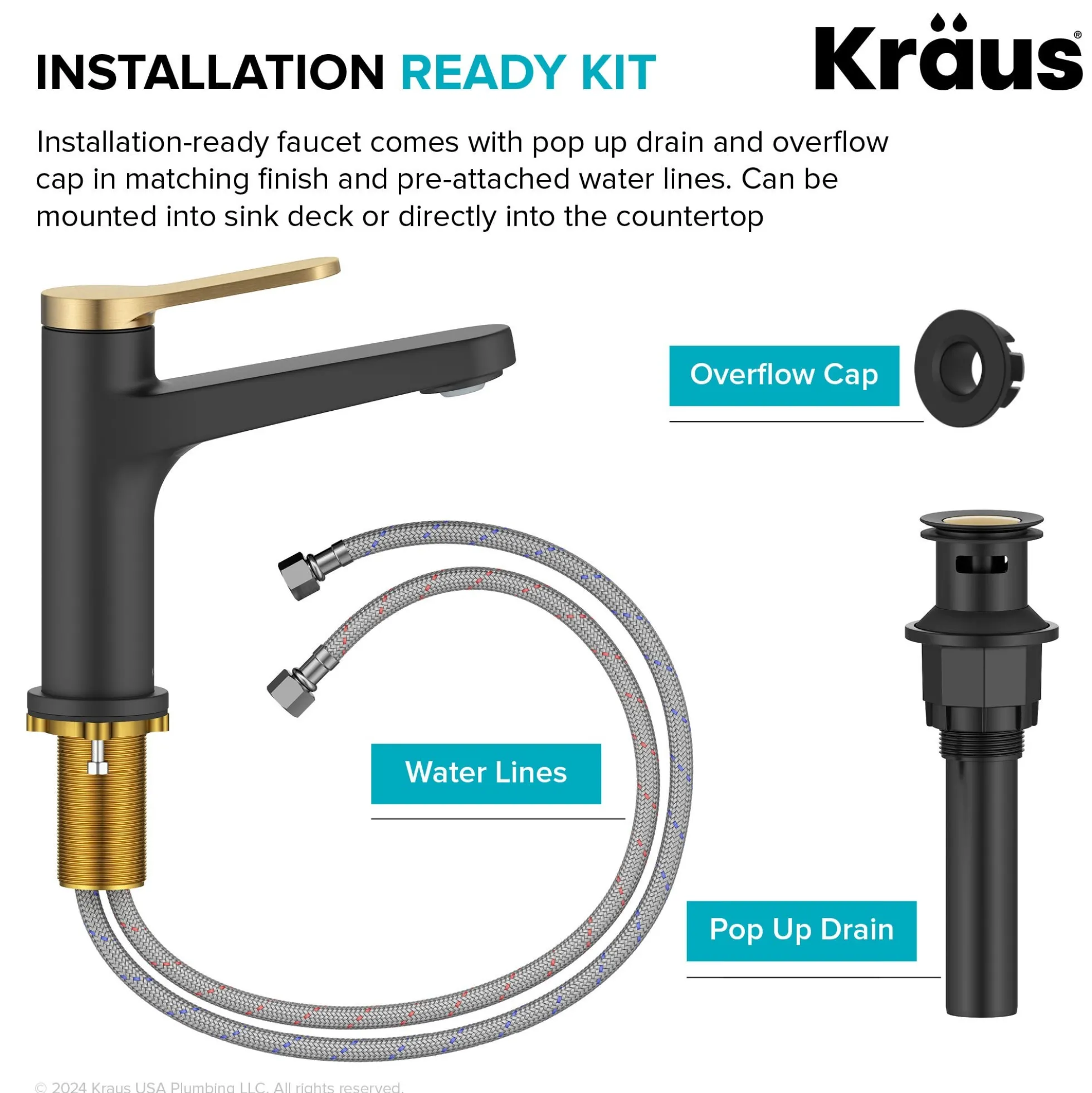 Single Handle Bathroom Faucet in Spot-Free Brushed Brass / Matte Black with Pop Up Drain and Supply Lines