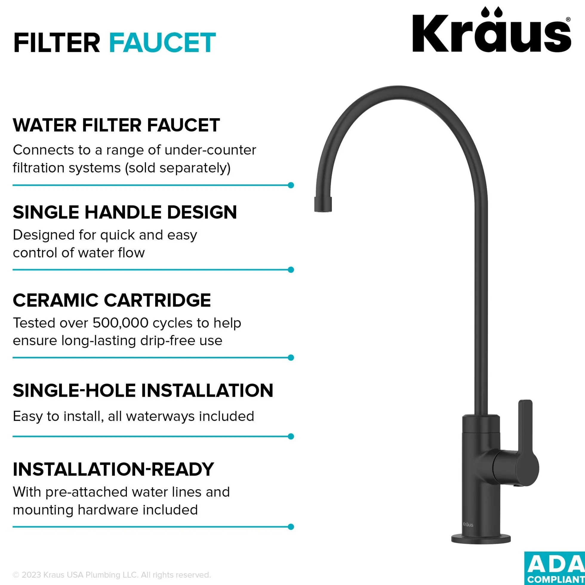 Single Handle Drinking Water Filter Faucet for Reverse Osmosis or Water Filtration System in Matte Black
