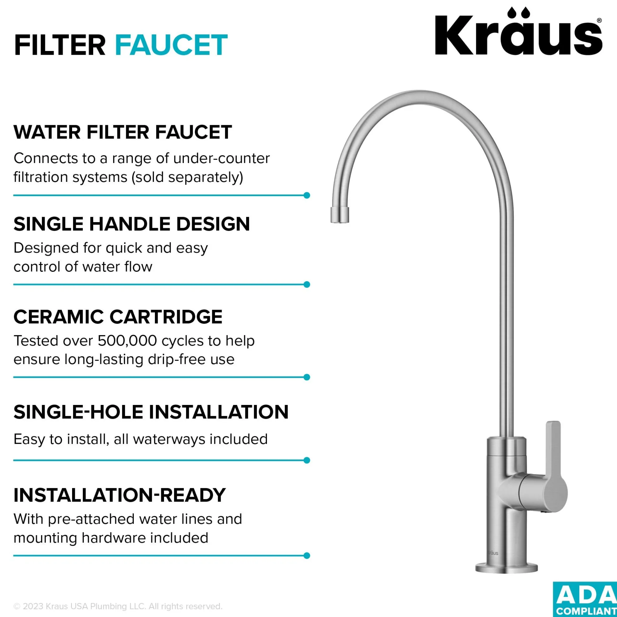 Single Handle Drinking Water Filter Faucet for Reverse Osmosis or Water Filtration System in Spot-Free Stainless Steel