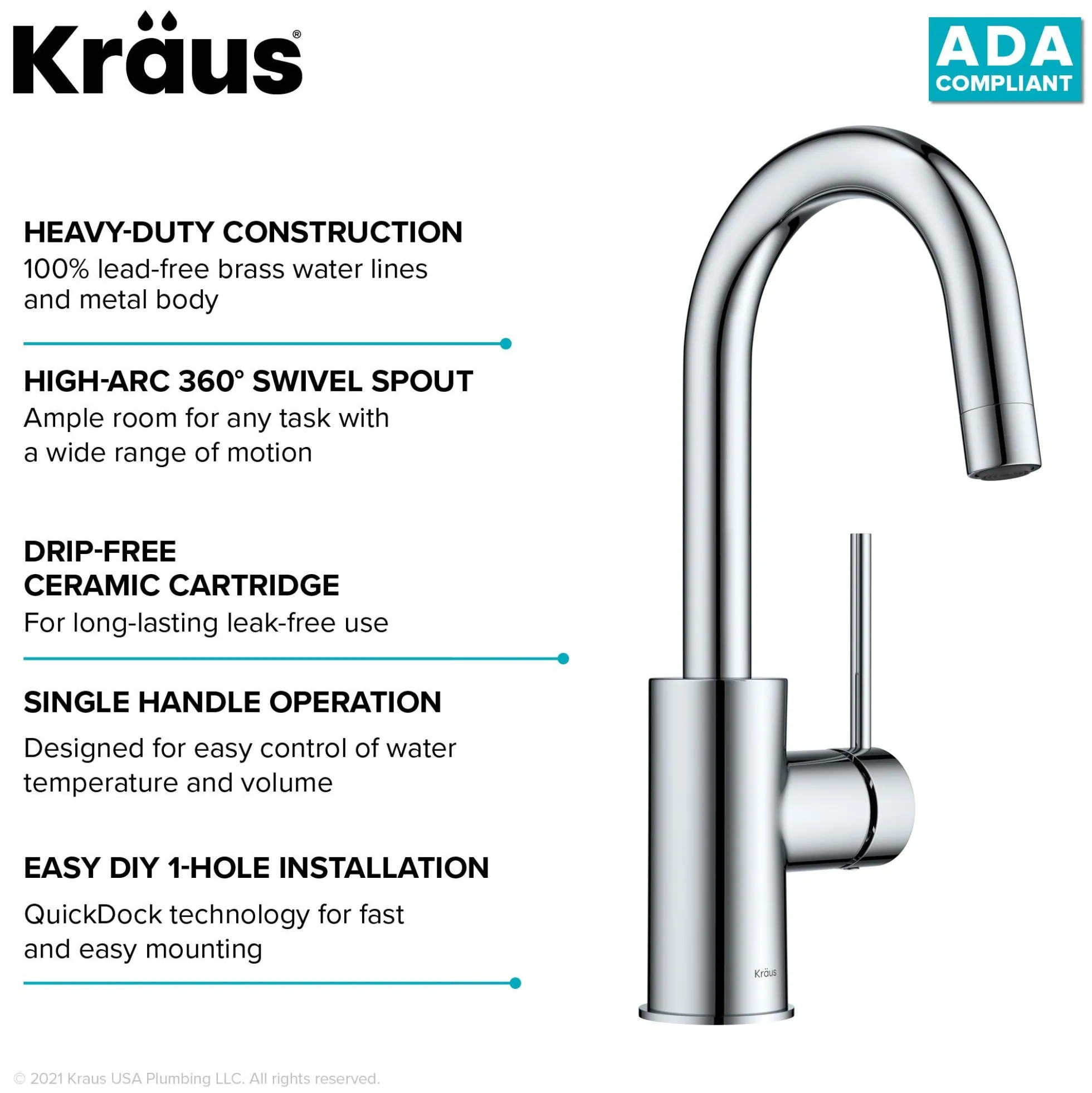 Single Handle Kitchen Bar Faucet with QuickDock Top Mount Installation Assembly in Chrome