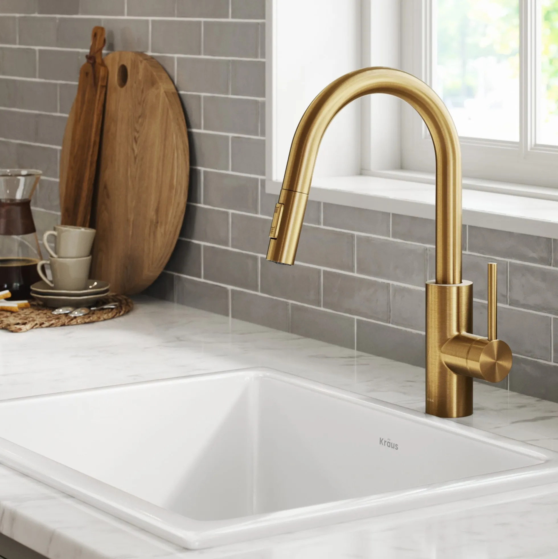 Single Handle Pull Down Kitchen Faucet with QuickDock Top Mount Installation Assembly in Spot-Free Brushed Brass