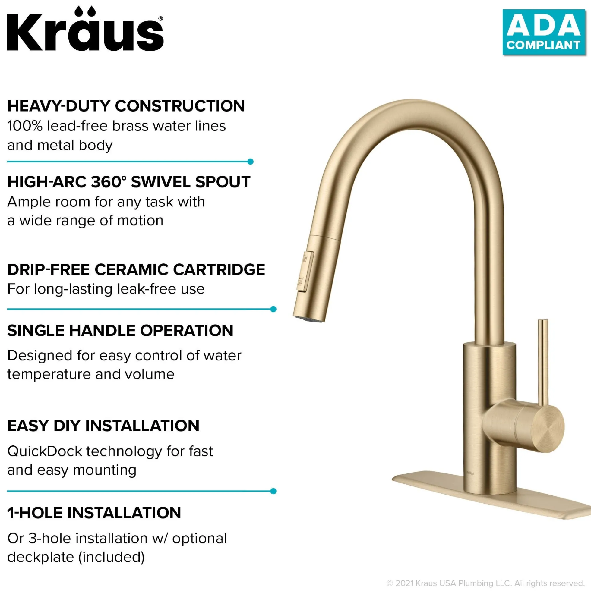 Single Handle Pull Down Kitchen Faucet with QuickDock Top Mount Installation Assembly in Spot Free Antique Champagne Bronze