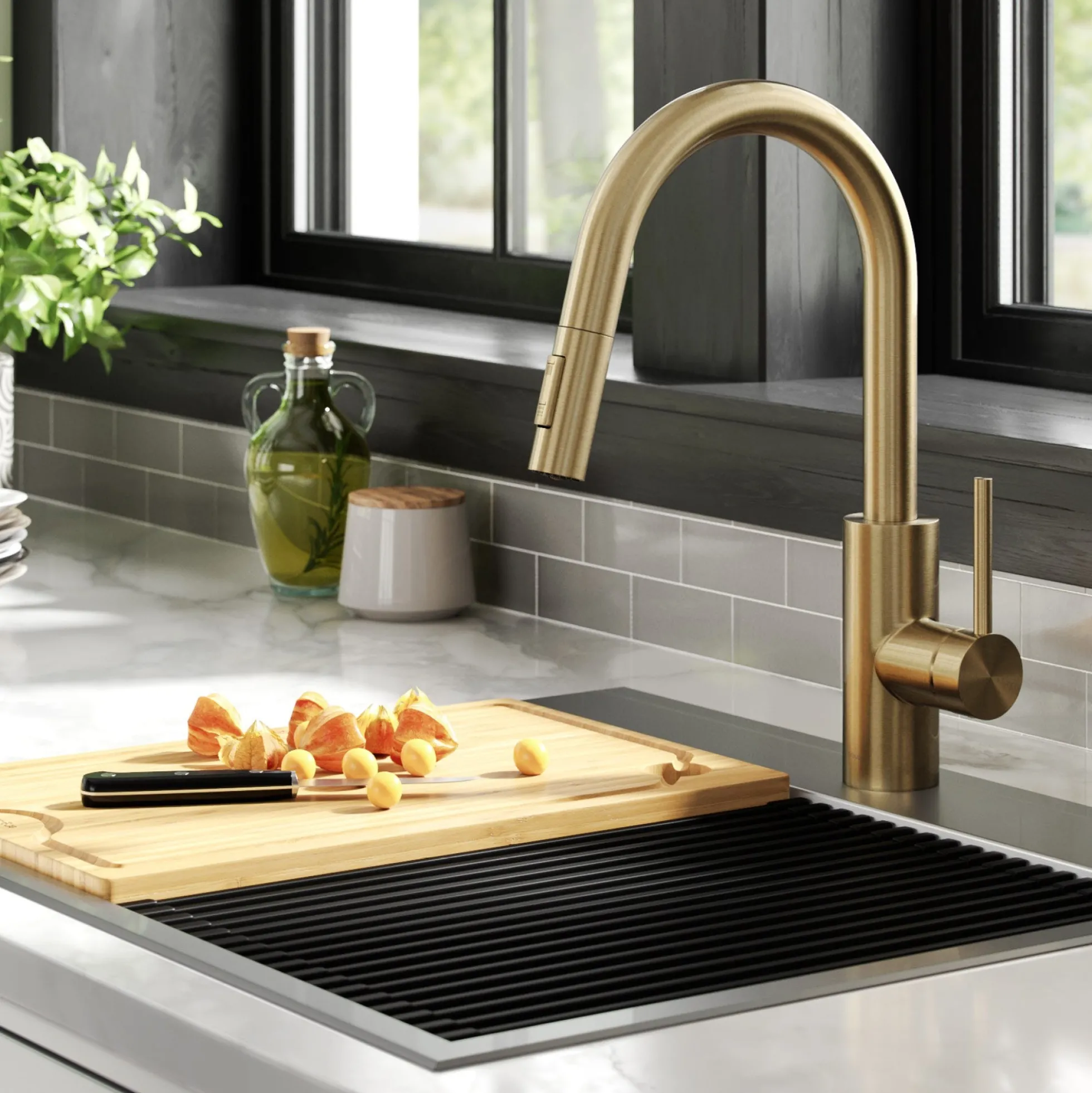 Single Handle Pull Down Kitchen Faucet with QuickDock Top Mount Installation Assembly in Spot Free Antique Champagne Bronze