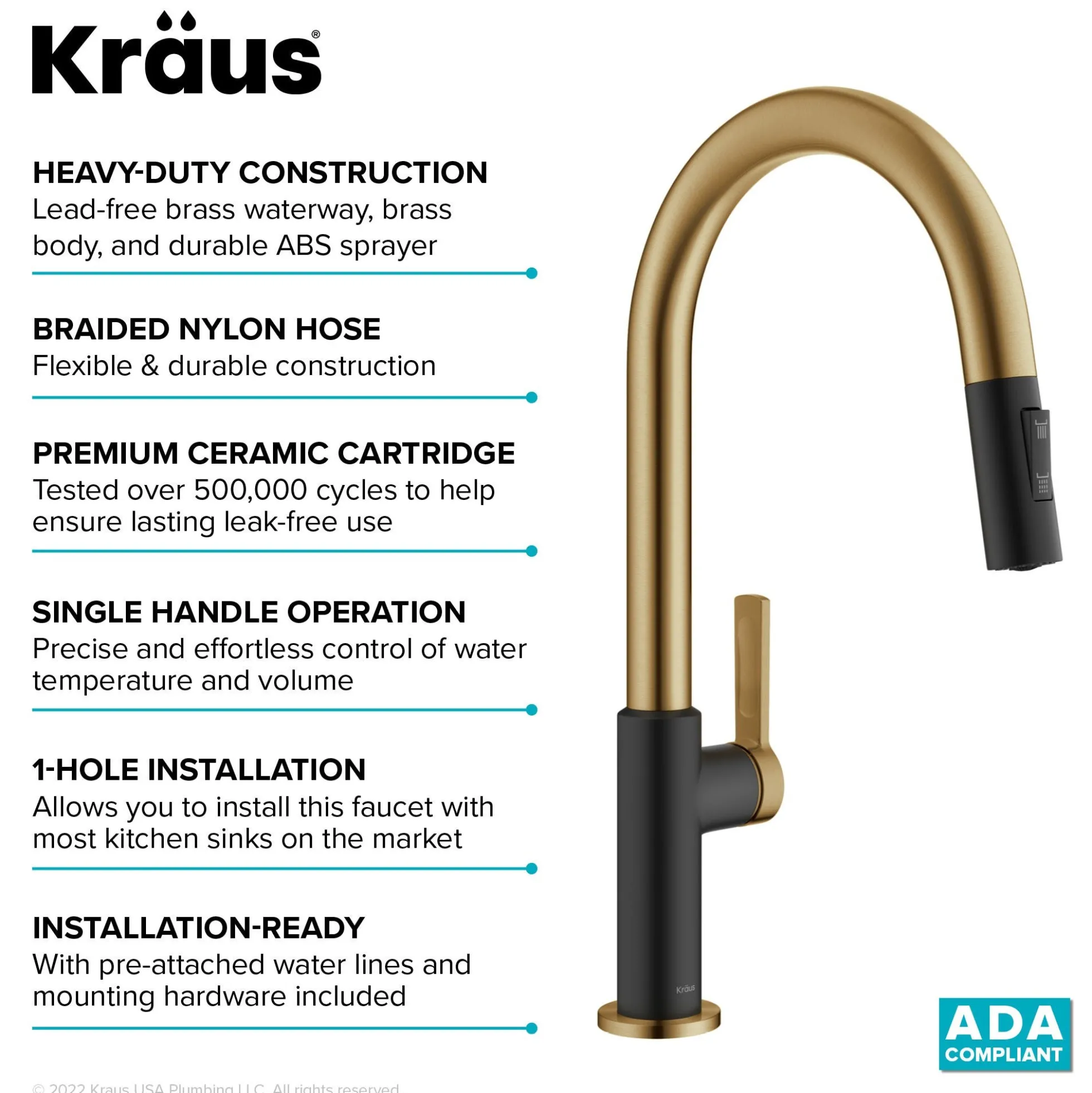Single Handle Pull Down Kitchen Faucet in Spot-Free Brushed Brass / Matte Black