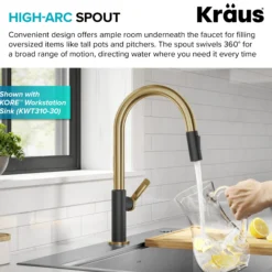Single Handle Pull Down Kitchen Faucet in Spot-Free Brushed Brass / Matte Black