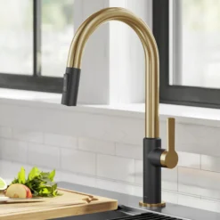 Single Handle Pull Down Kitchen Faucet in Spot-Free Brushed Brass / Matte Black