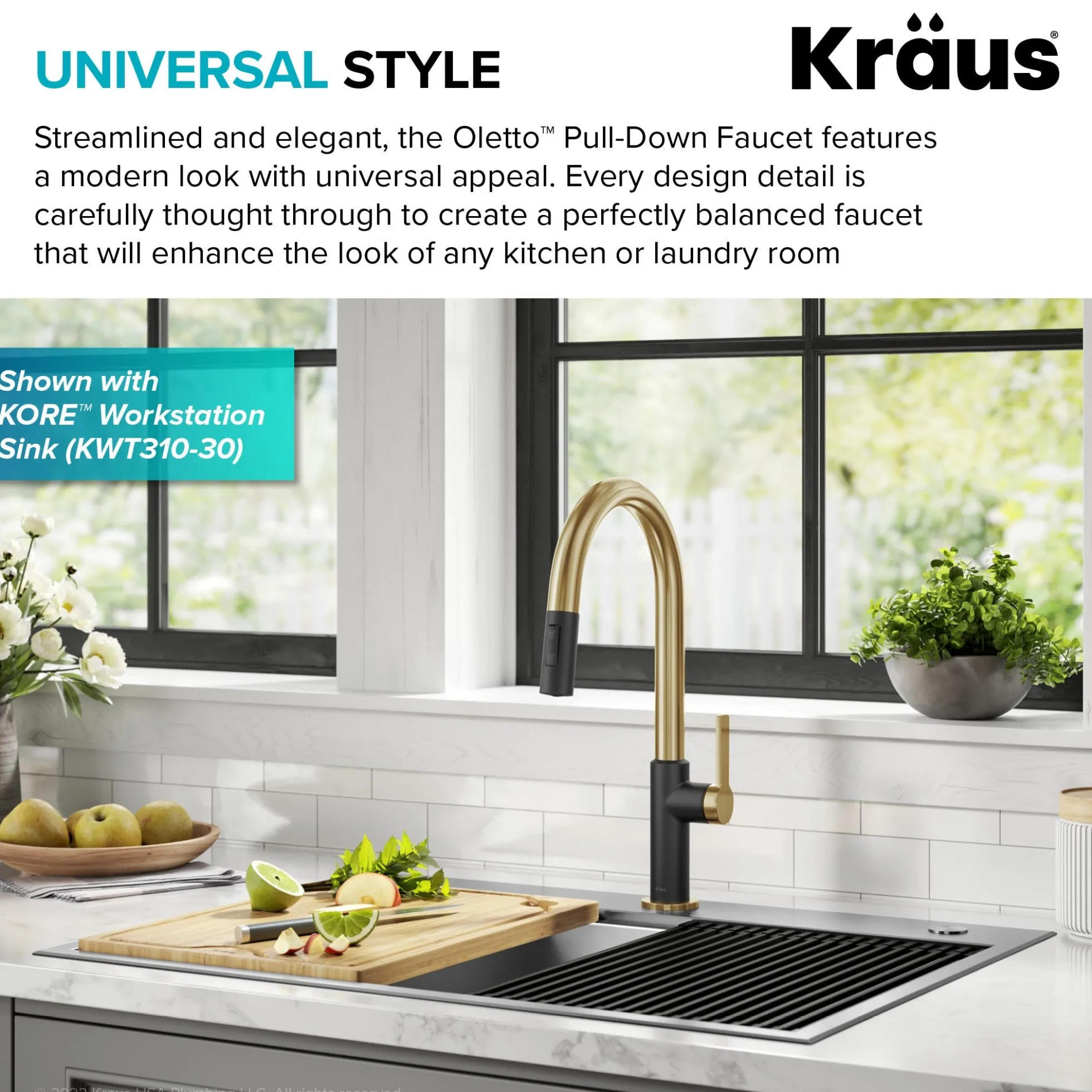 Single Handle Pull Down Kitchen Faucet in Spot-Free Brushed Brass / Matte Black
