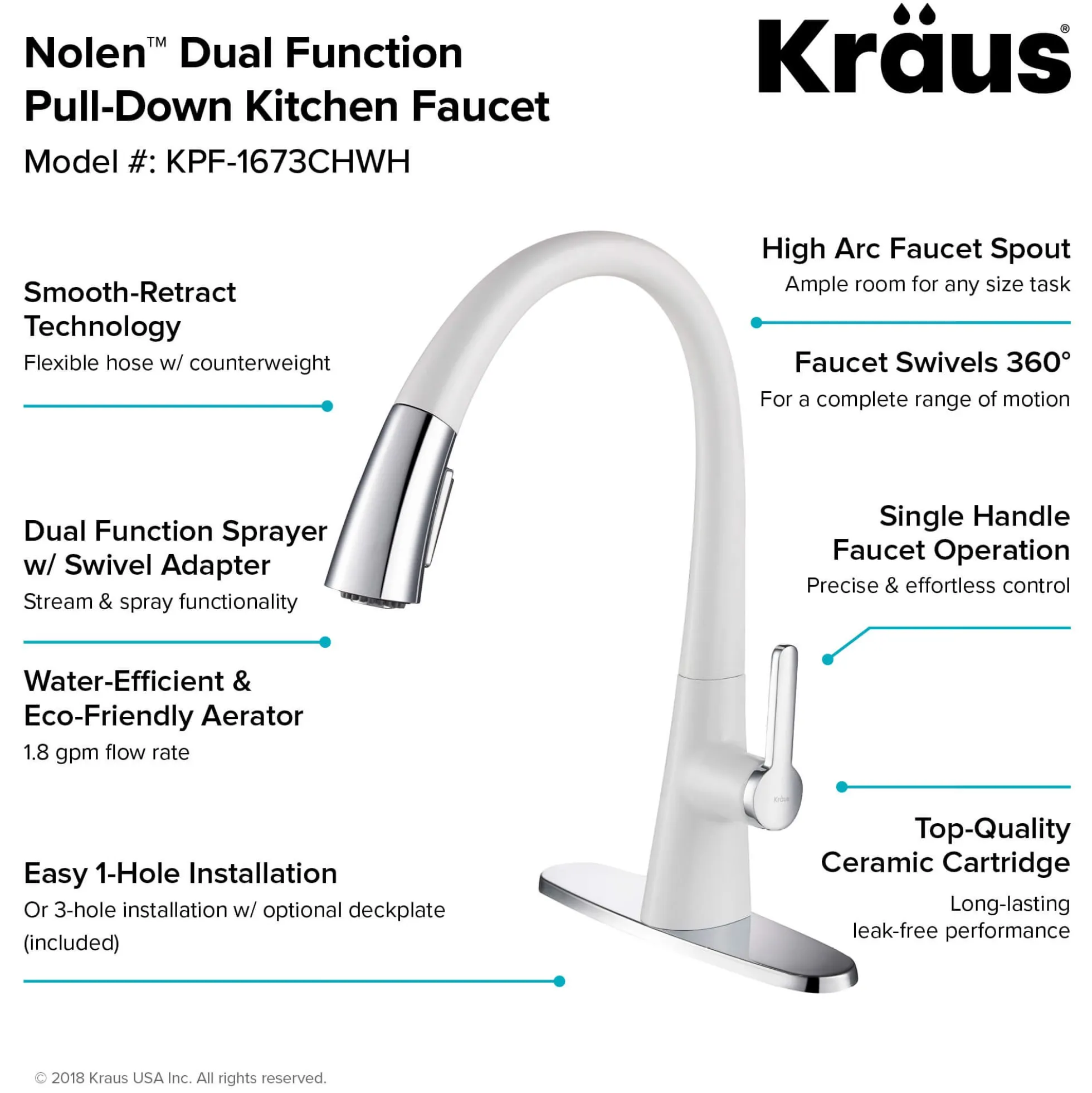Single Handle Pull-Down Kitchen Faucet in Chrome/White