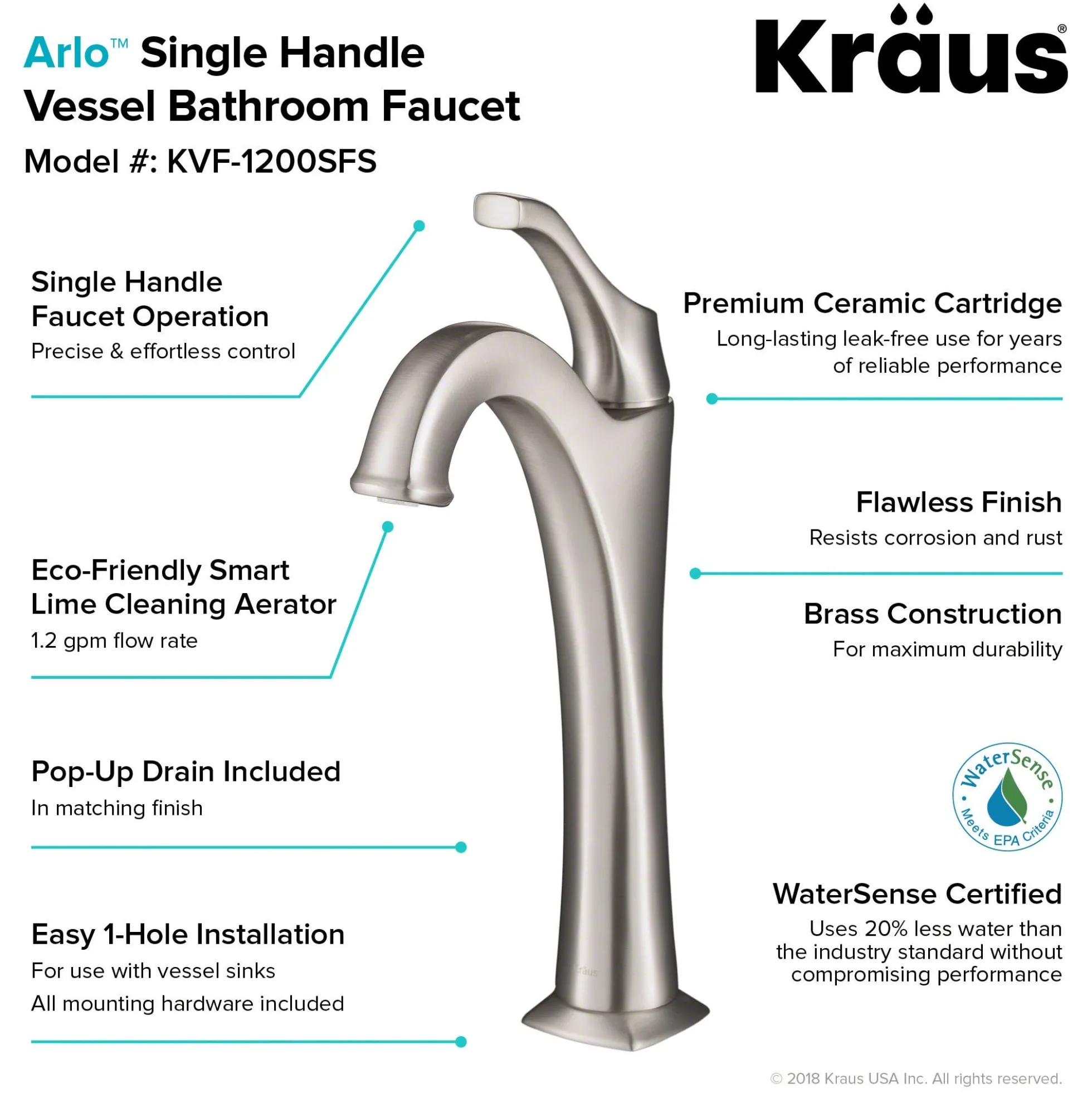 Single Handle Vessel Bathroom Faucet with Pop-Up Drain in Spot Free Stainless Steel