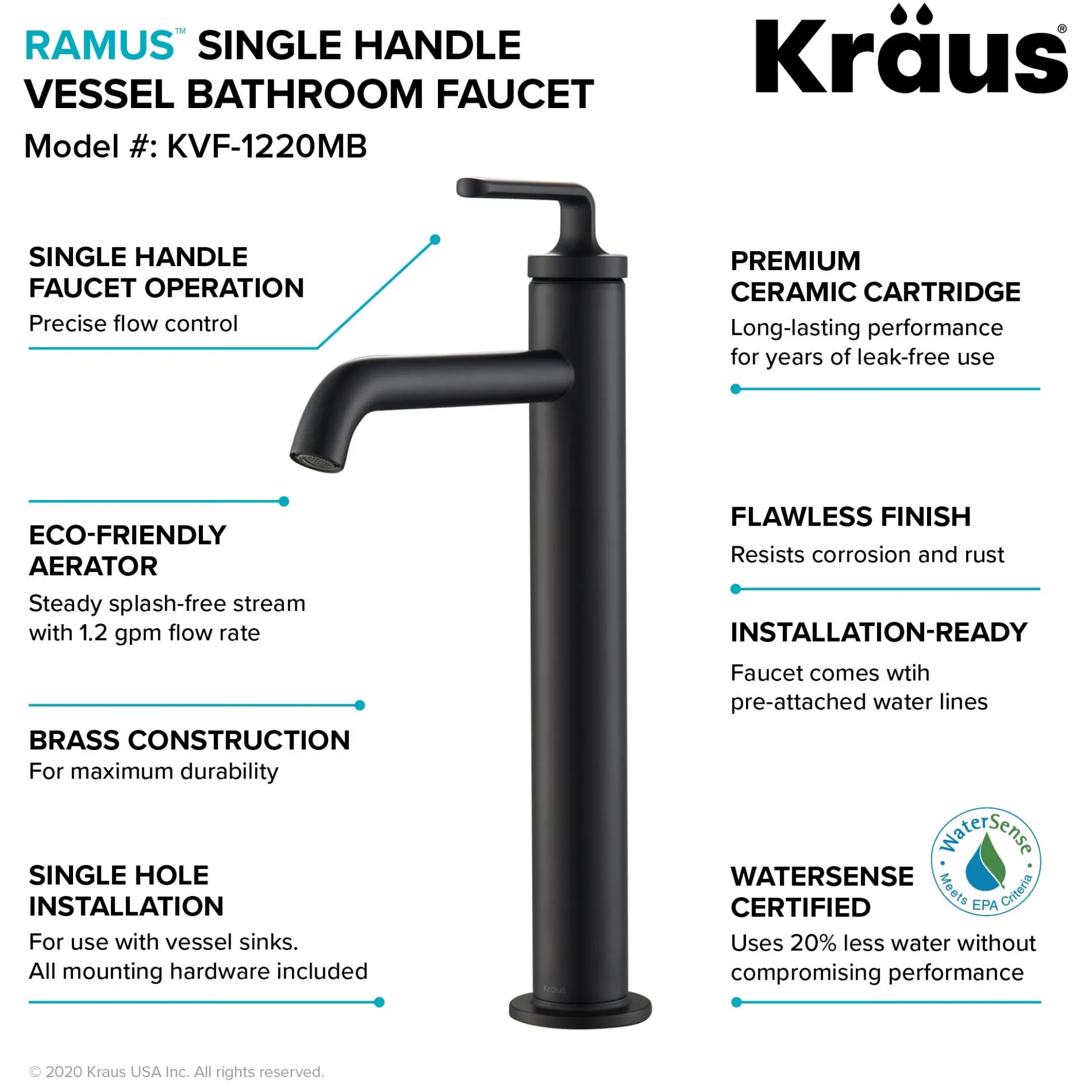 Single Handle Vessel Bathroom Faucet with Pop-Up Drain in Matte Black