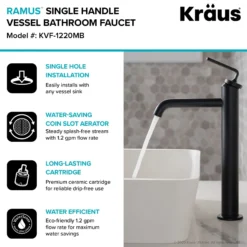 Single Handle Vessel Bathroom Faucet with Pop-Up Drain in Matte Black