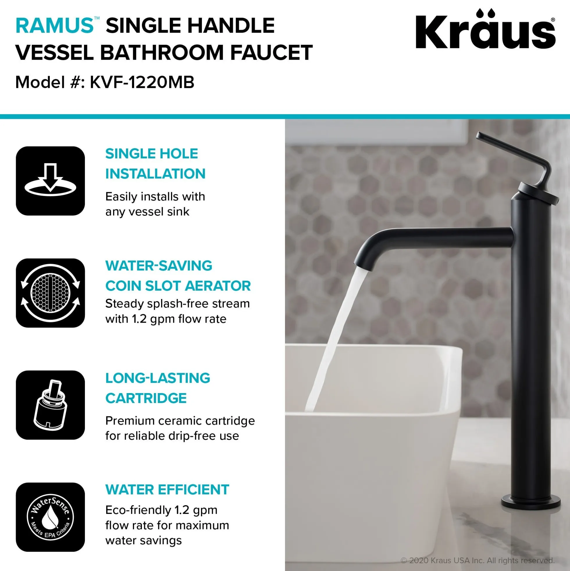 Single Handle Vessel Bathroom Faucet with Pop-Up Drain in Matte Black