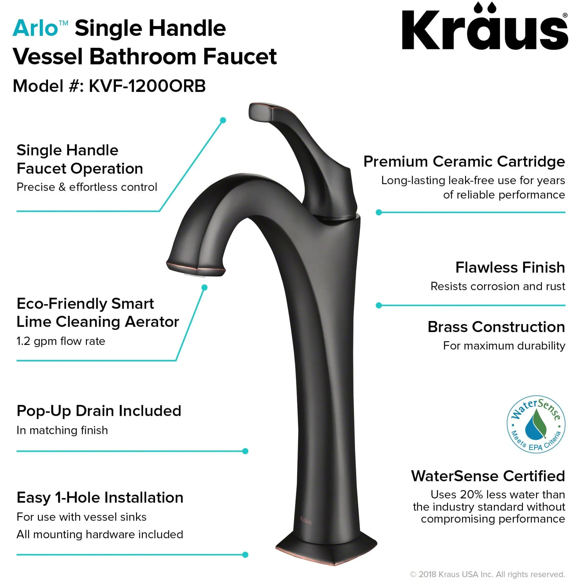 Single Handle Vessel Bathroom Faucet with Pop-Up Drain in Oil Rubbed Bronze