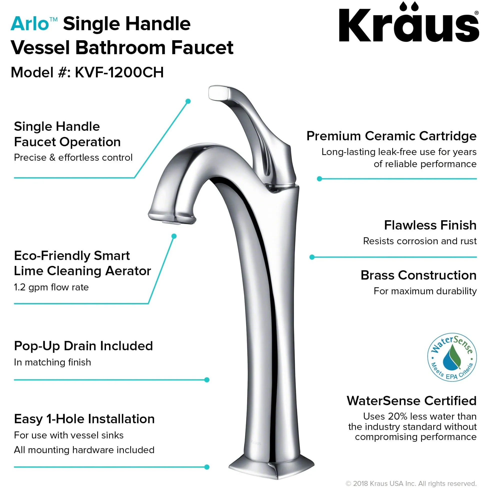 Single Handle Vessel Bathroom Faucet with Pop-Up Drain in Chrome