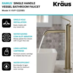 Single Handle Vessel Bathroom Faucet with Pop-Up Drain in Brushed Gold