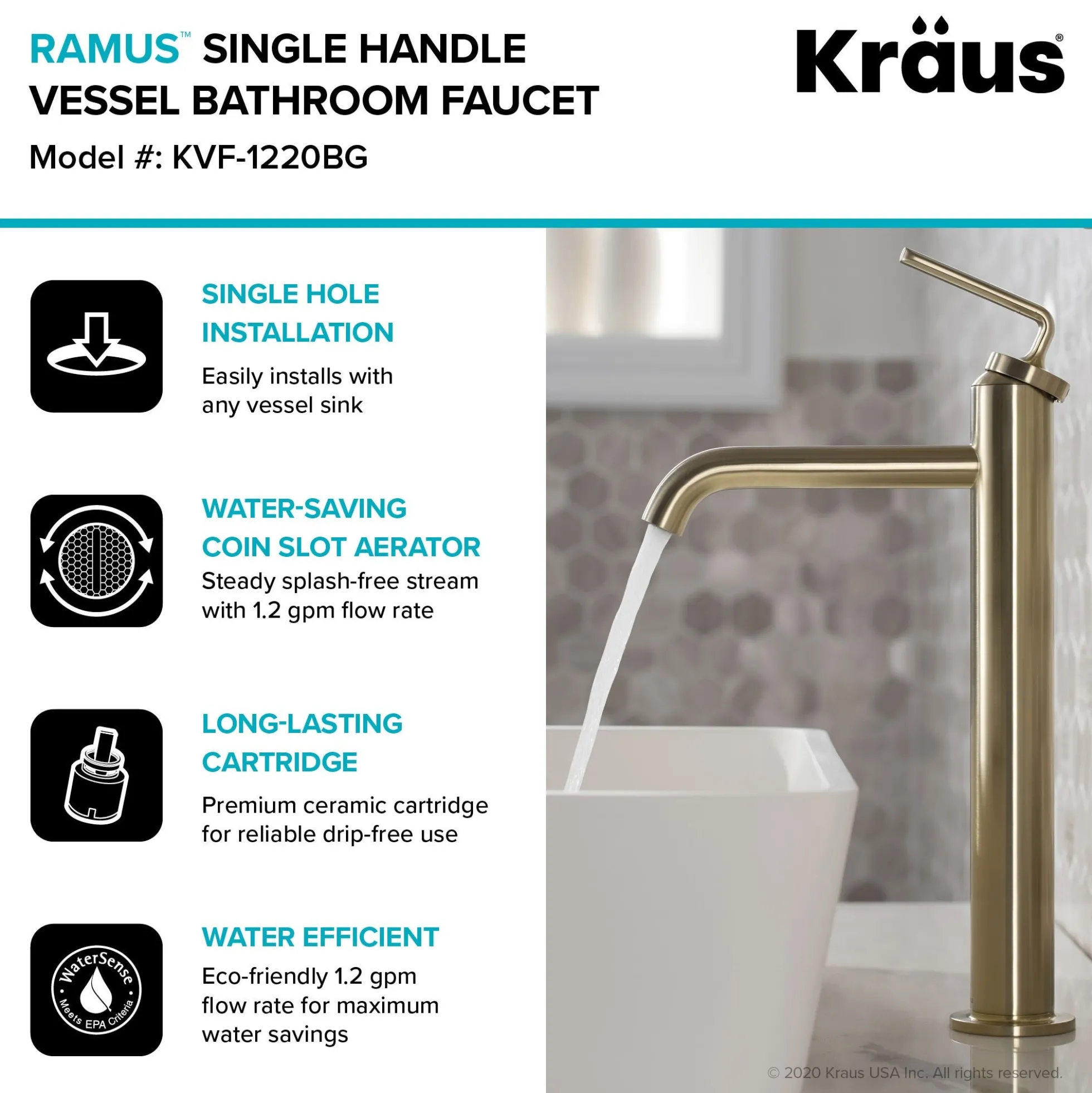 Single Handle Vessel Bathroom Faucet with Pop-Up Drain in Brushed Gold