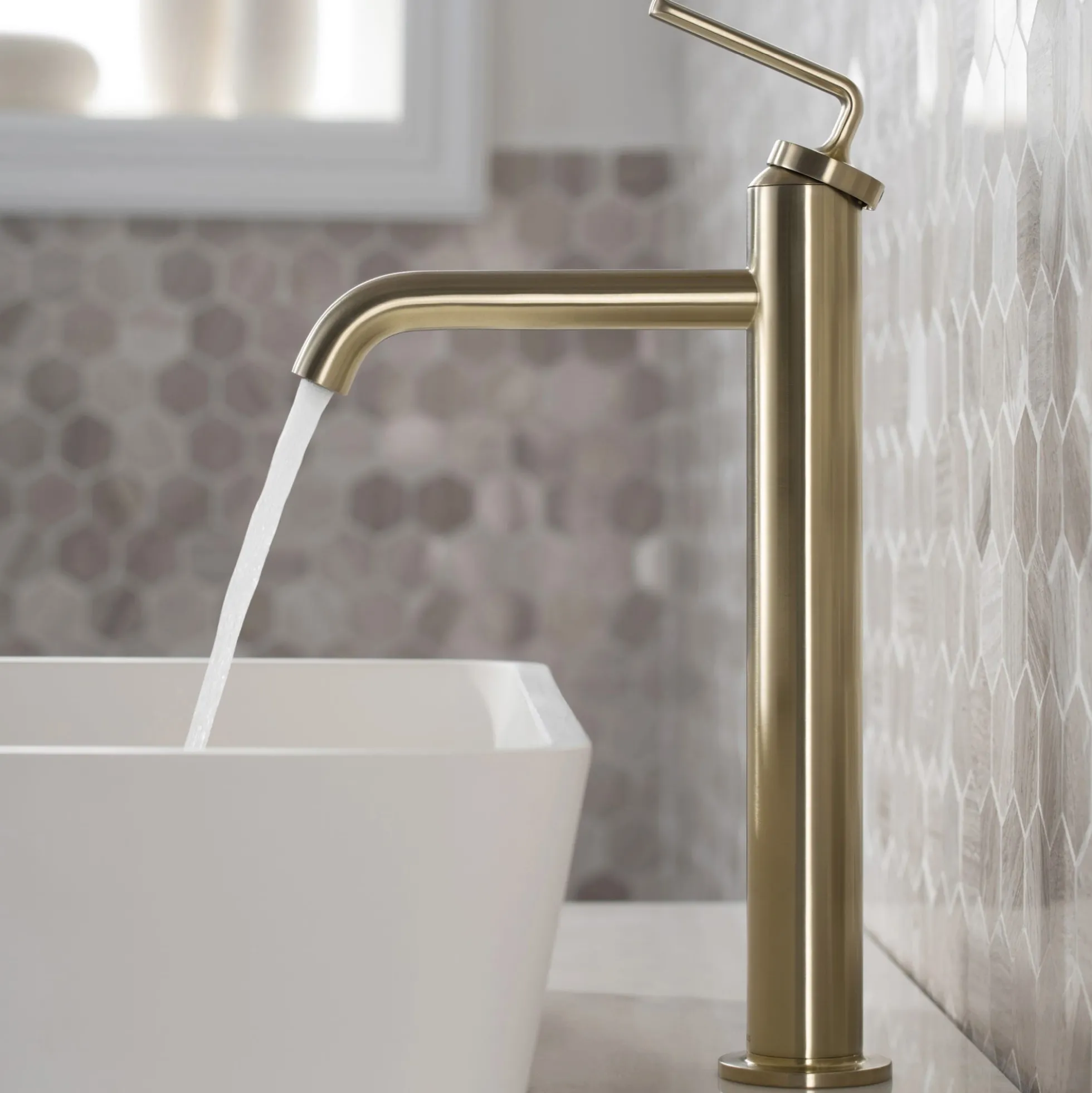 Single Handle Vessel Bathroom Faucet with Pop-Up Drain in Brushed Gold