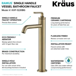 Single Handle Vessel Bathroom Faucet with Pop-Up Drain in Brushed Gold