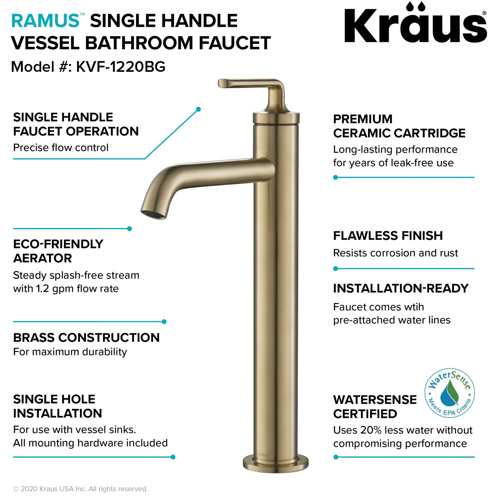 Single Handle Vessel Bathroom Faucet with Pop-Up Drain in Brushed Gold