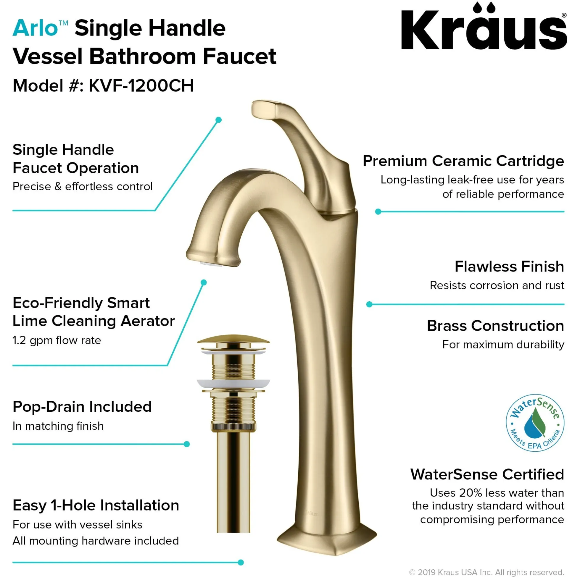 Single Handle Vessel Bathroom Faucet with Pop-Up Drain in Brushed Gold