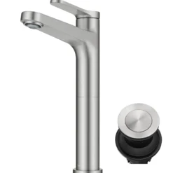 Single Handle Vessel Bathroom Faucet in Spot-Free Brushed Nickel with Pop Up Drain and Supply Lines
