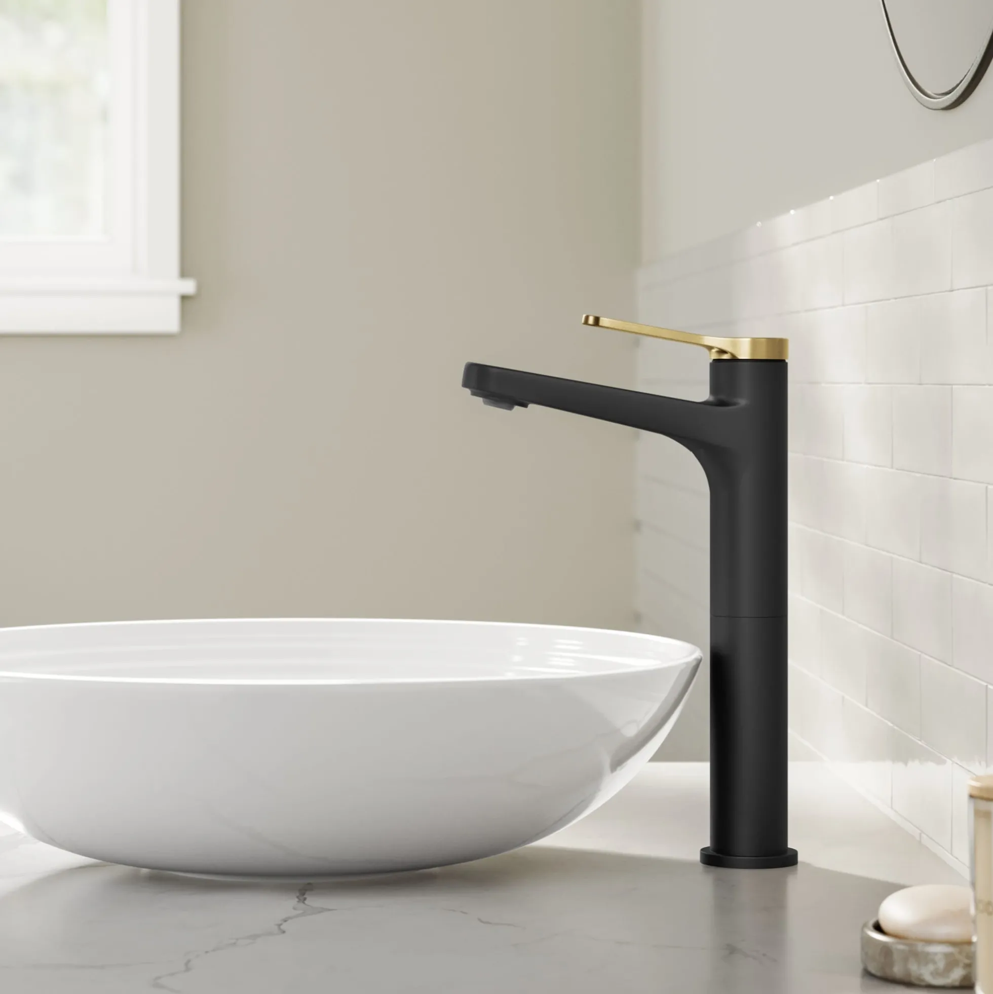 Single Handle Vessel Bathroom Faucet in Spot-Free Brushed Brass / Matte Black with Pop Up Drain and Supply Lines