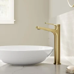 Single Handle Vessel Bathroom Faucet in Spot-Free Brushed Brass with Pop Up Drain and Supply Lines