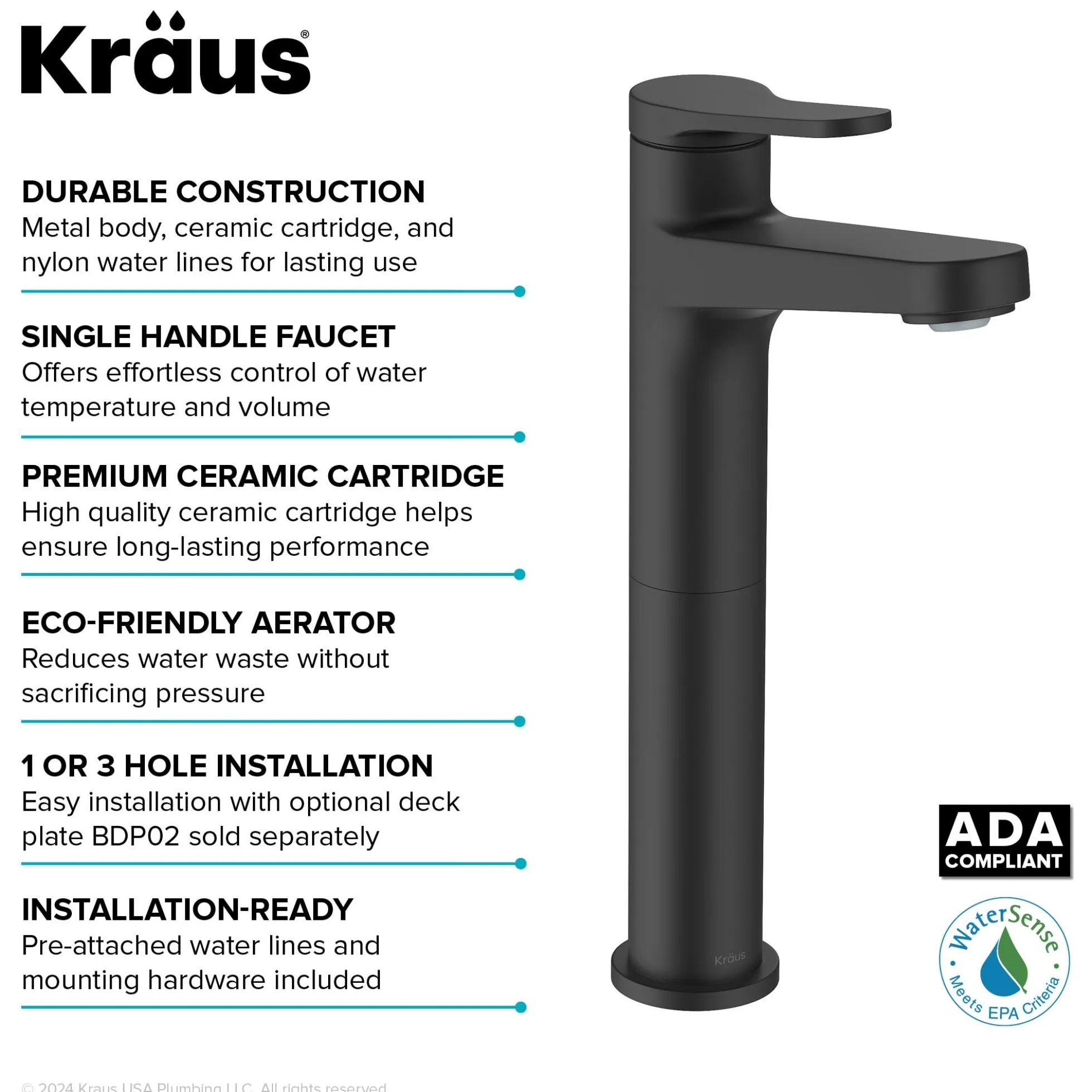 Single Handle Vessel Bathroom Faucet in Matte Black with Pop Up Drain and Supply Lines