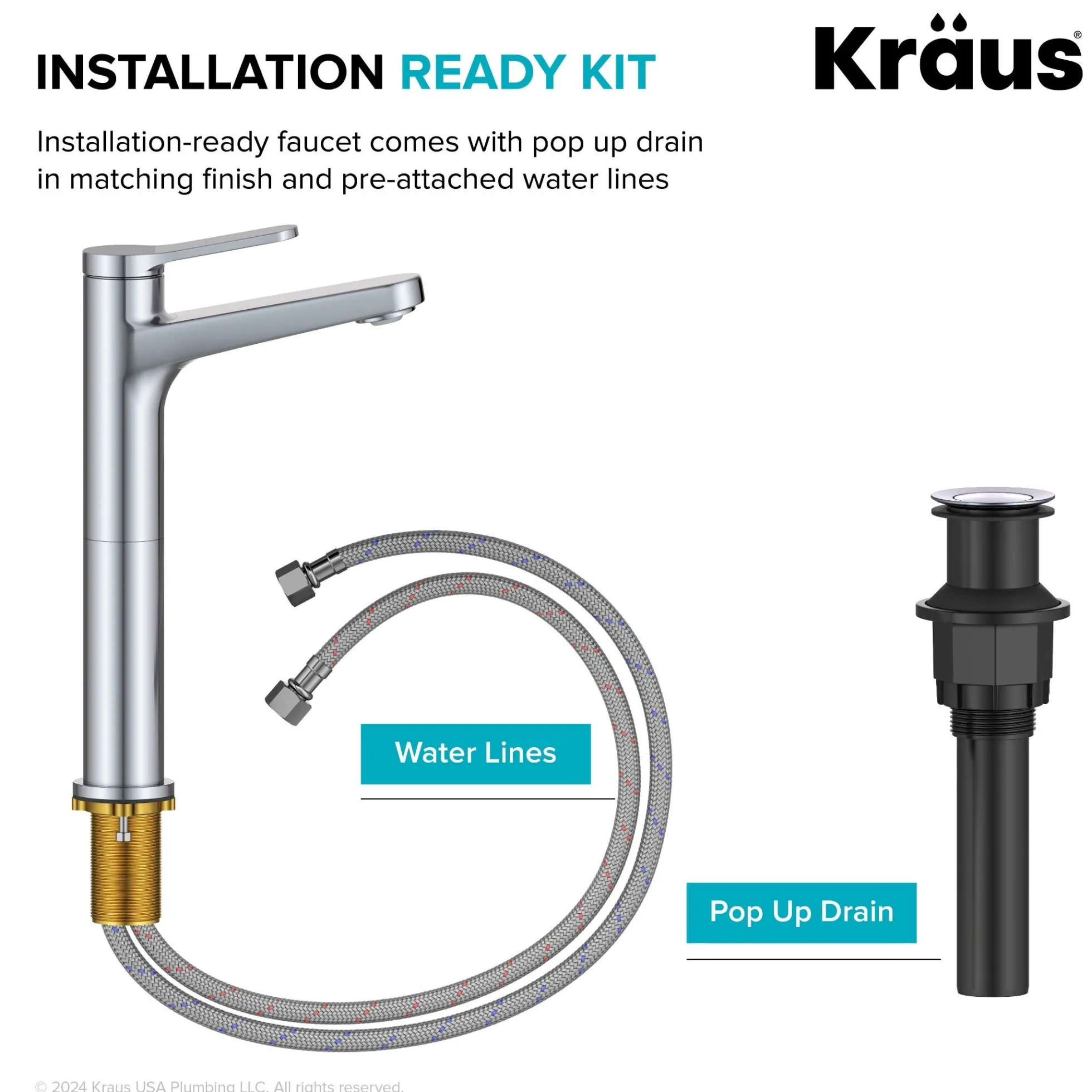 Single Handle Vessel Bathroom Faucet in Chrome with Pop Up Drain and Supply Lines