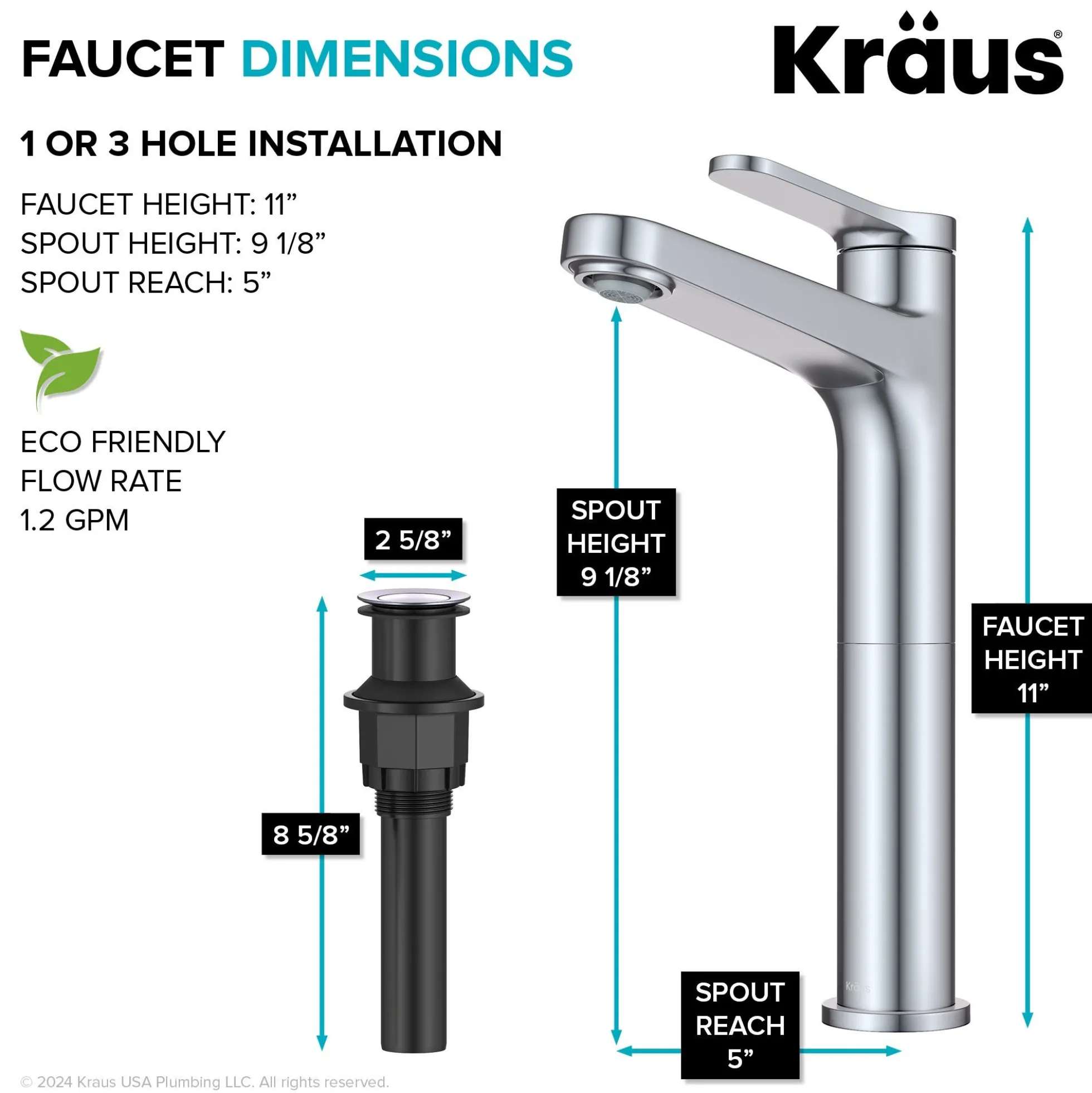 Single Handle Vessel Bathroom Faucet in Chrome with Pop Up Drain and Supply Lines