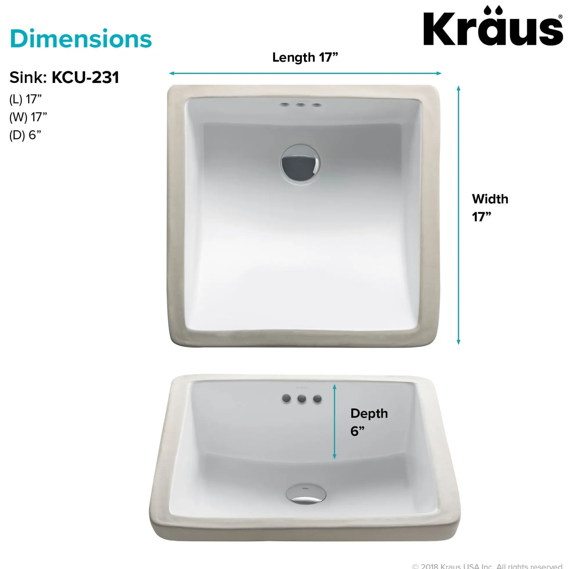 17" Square Porcelain CeramicUndermountBathroom Sinkin Whitewith OverflowDrain