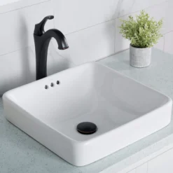 16 1/2" Square Semi-Recessed Ceramic Bathroom Sink in White with Overflow Drain