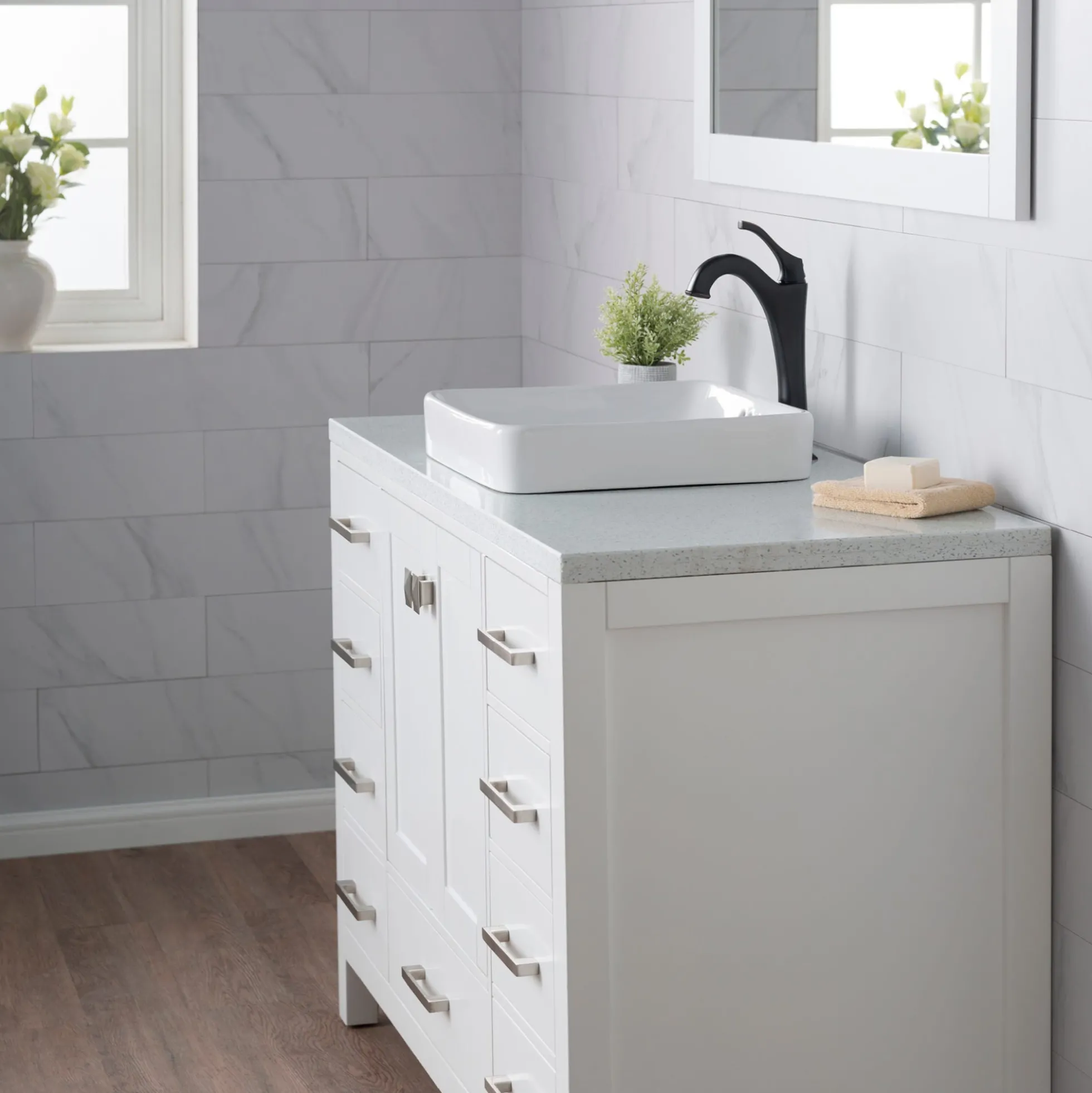 16 1/2" Square Semi-Recessed Ceramic Bathroom Sink in White with Overflow Drain