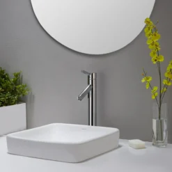 16 1/2" Square Semi-Recessed Ceramic Bathroom Sink in White with Pop-Up Drain in Brushed Nickel