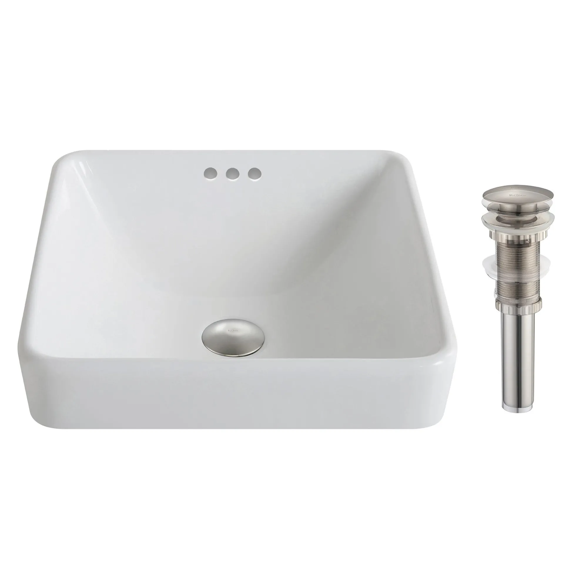 16 1/2" Square Semi-Recessed Ceramic Bathroom Sink in White with Pop-Up Drain in Brushed Nickel