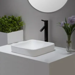 16 1/2" Square Semi-Recessed Ceramic Bathroom Sink in White with Pop-Up Drain in Chrome