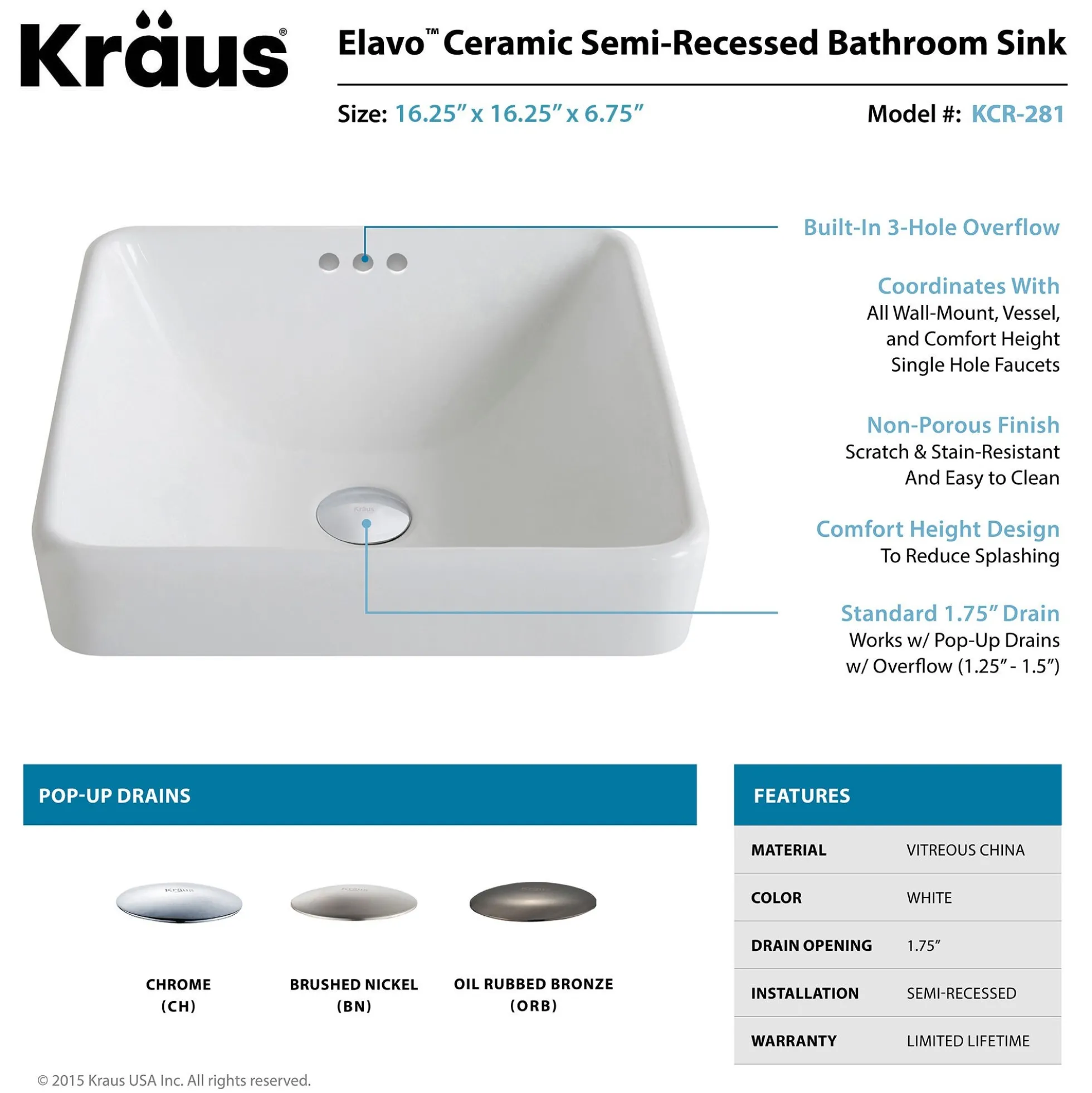 16 1/2" Square Semi-Recessed Ceramic Bathroom Sink in White with Pop-Up Drain in Chrome