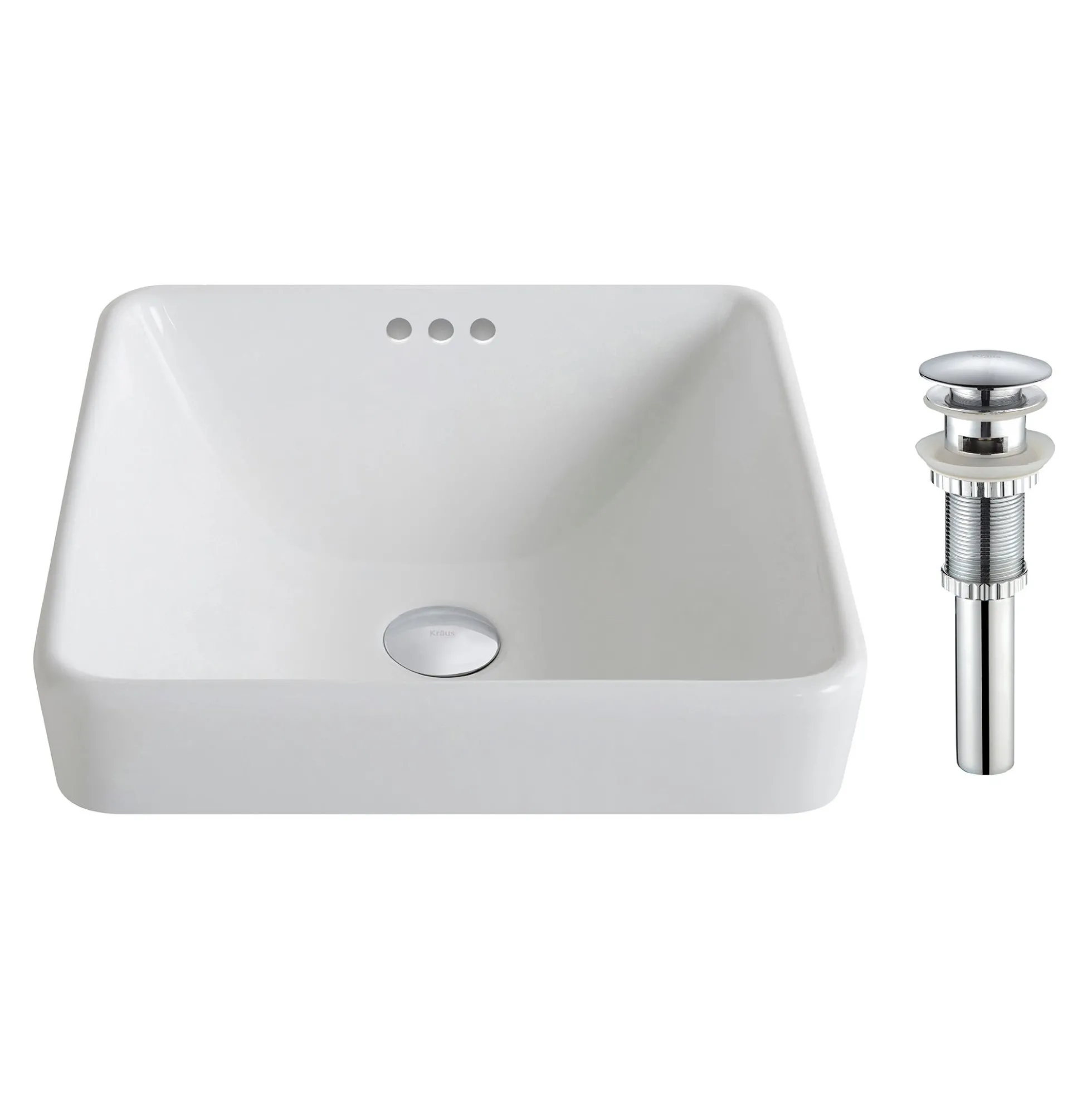 16 1/2" Square Semi-Recessed Ceramic Bathroom Sink in White with Pop-Up Drain in Chrome