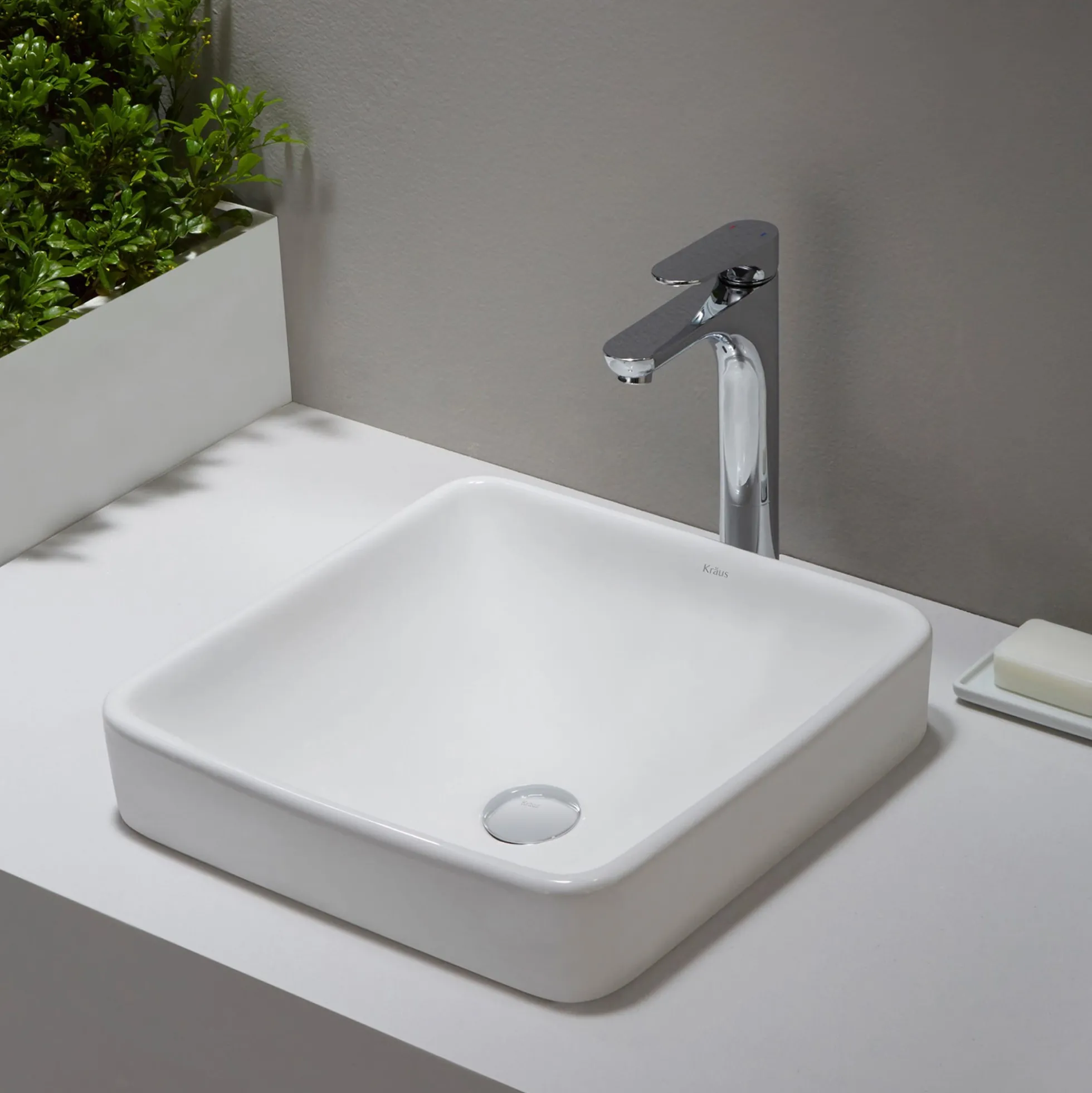 16 1/2" Square Semi-Recessed Ceramic Bathroom Sink in White with Pop-Up Drain in Chrome