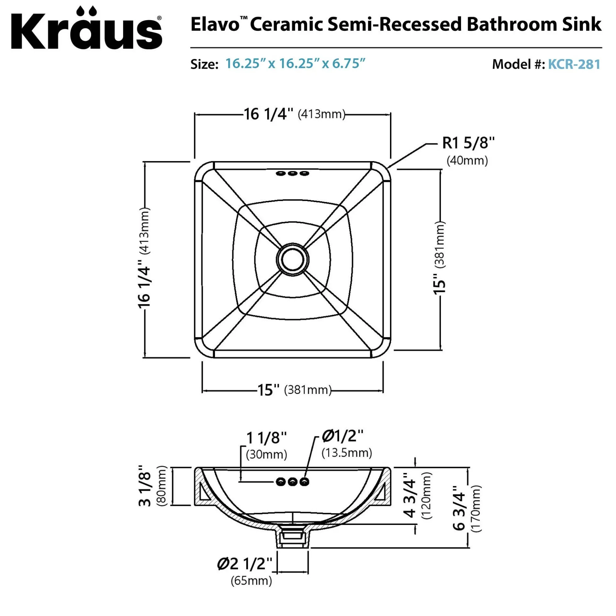 16 1/2" Square Semi-Recessed Ceramic Bathroom Sink in White with Pop-Up Drain in Oil Rubbed Bronze