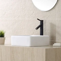 15" Square Vessel Ceramic Bathroom Sink in White with Pop-Up Drain in Oil Rubbed Bronze