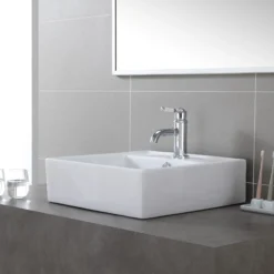 18 1/2" Square Vessel Ceramic Bathroom Sink in White with Pop-Up Drain in Chrome