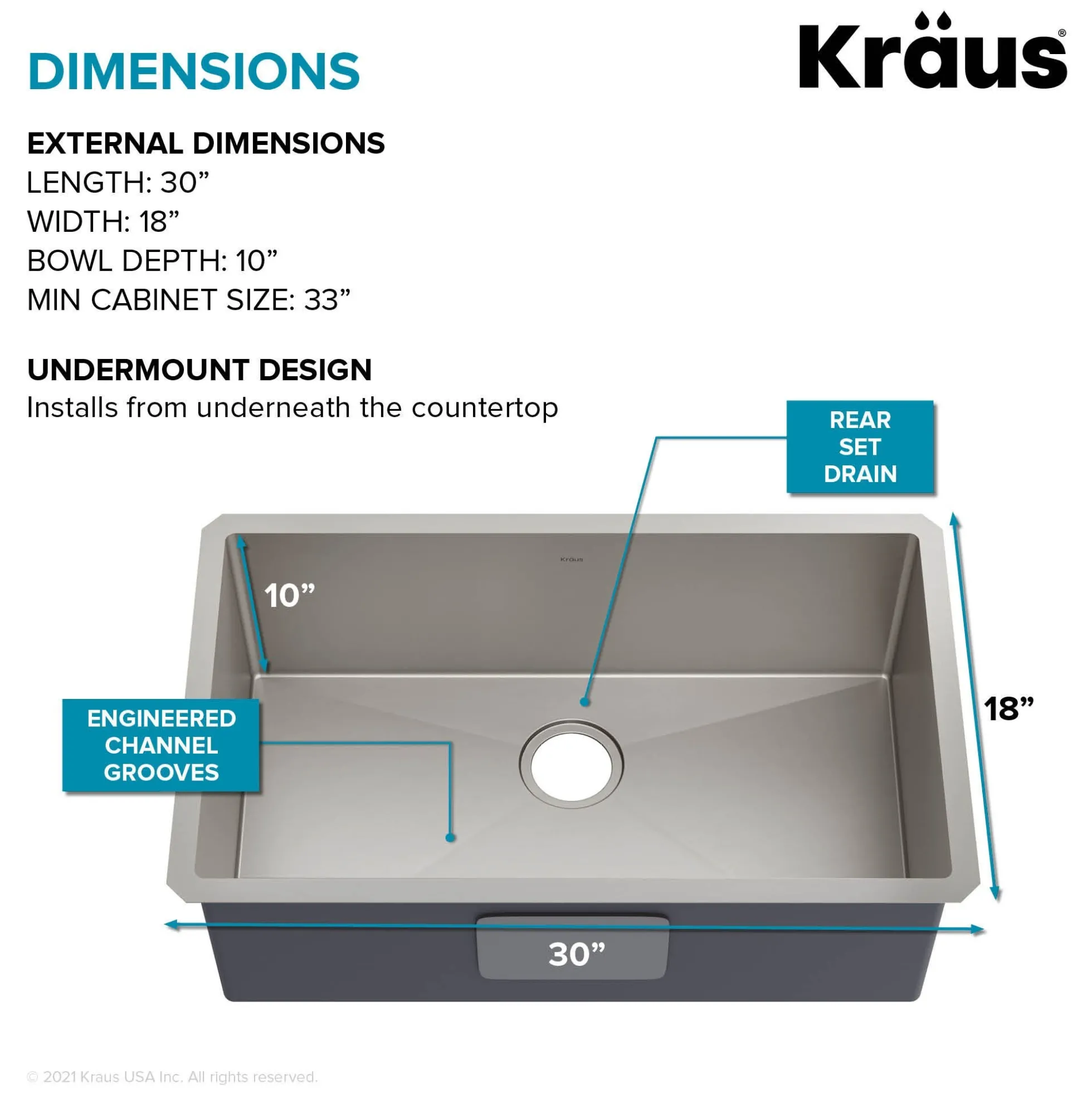 30" Stainless Steel Undermount Single Bowl Kitchen Sink (Builder Pack of 3)