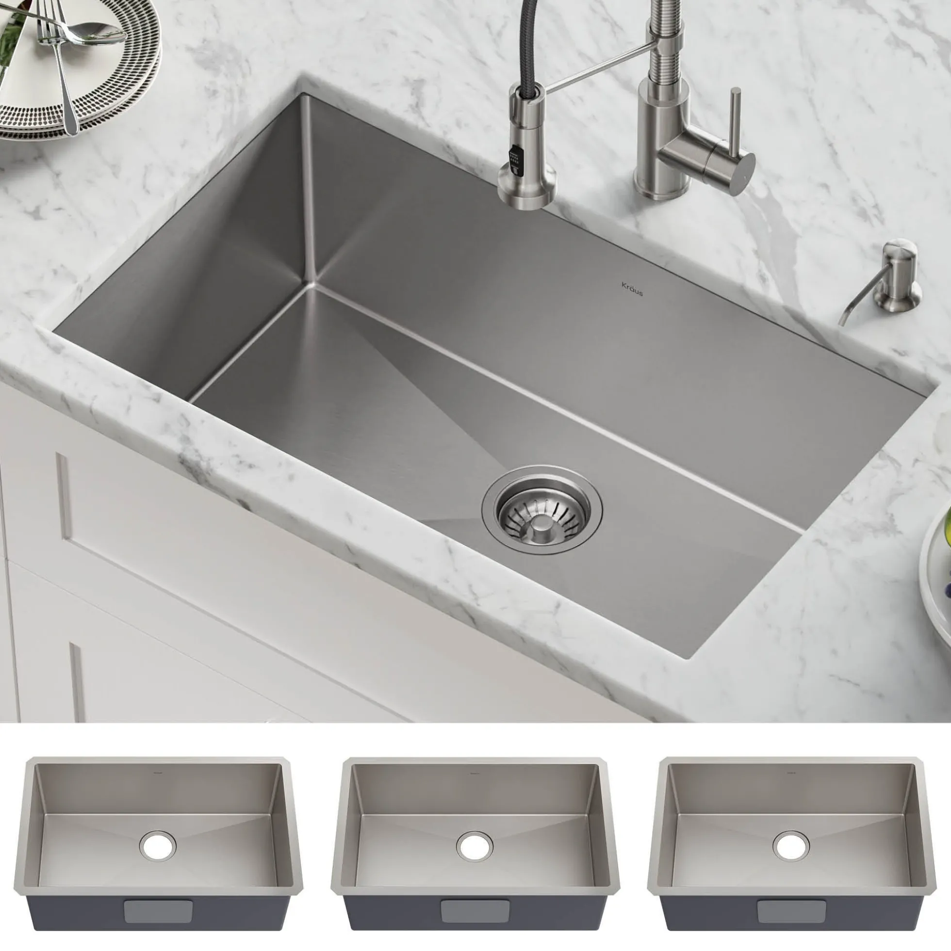 30" Stainless Steel Undermount Single Bowl Kitchen Sink (Builder Pack of 3)