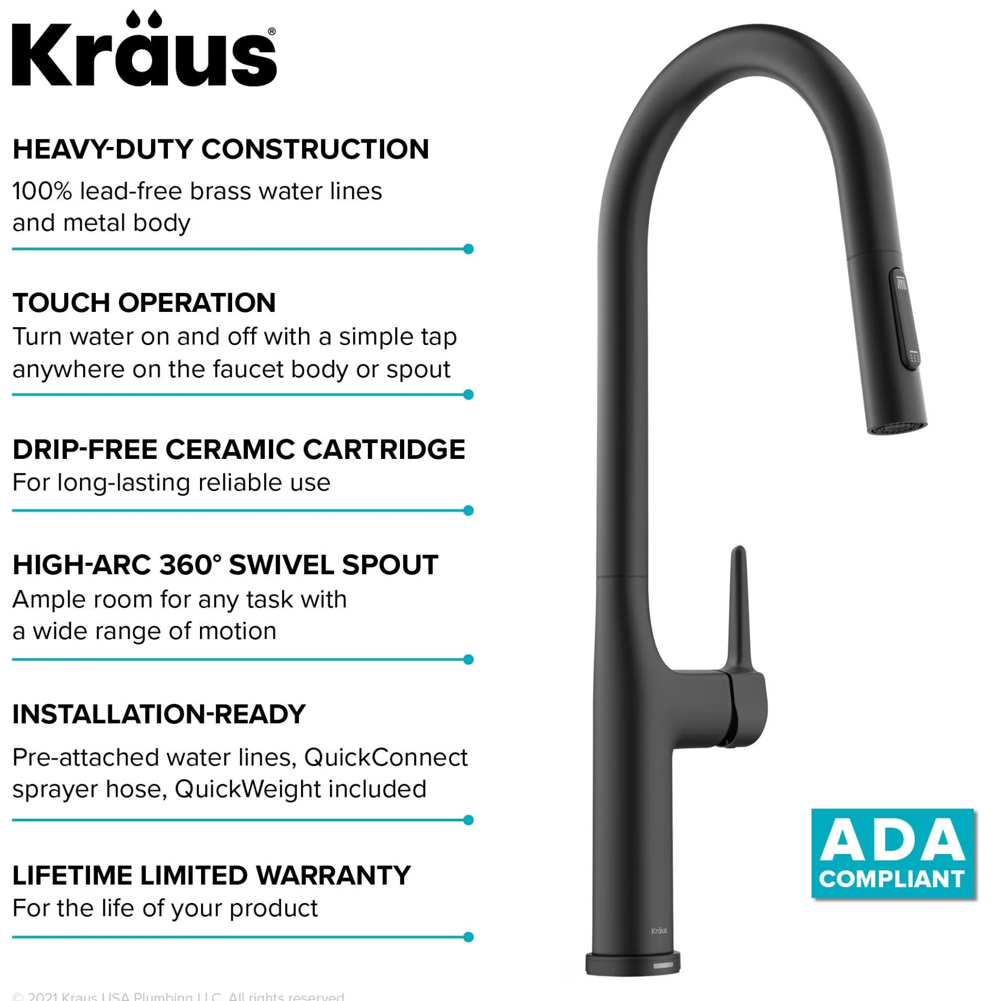 Tall ModernSingle-HandleTouch KitchenSink Faucet with Pull Down Sprayer inMatte Black